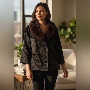 Styled By Winter Vintage Y2K Black Brown Crush Velvet Fur Collar Jacket Size M